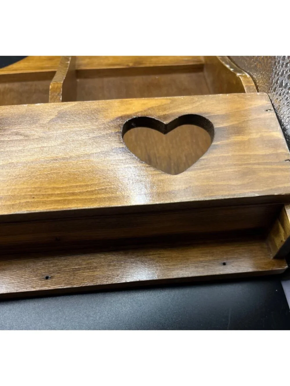 Handmade VTG Wooden Wall Shelf Heart Cutouts Compartments Key Hooks Farmhouse Ru